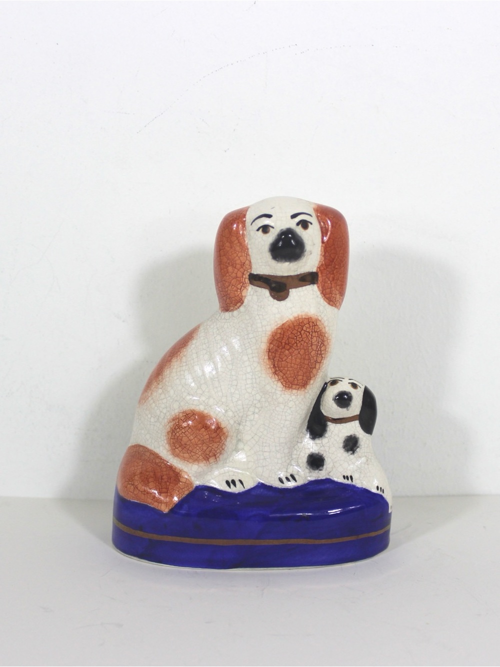 Small Vintage Staffordshire Spaniel Dog and Pup Hand Painted with Crazing